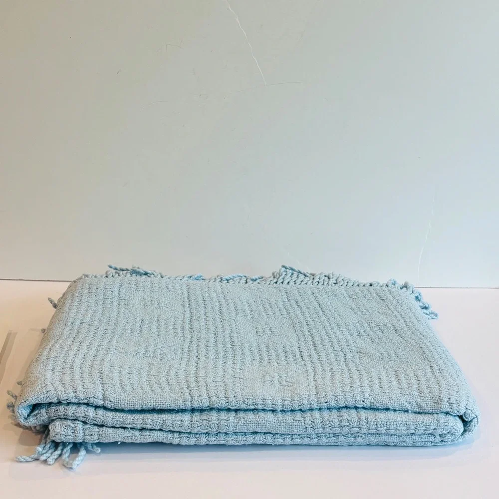 Vtg JC Penny Baby Blanket Cotton Blue Crib Bedspread‎ Fringe 45x65 1970s New